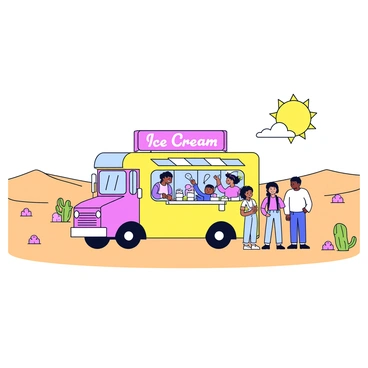 An ice cream truck is parked in a vast desert landscape. The truck is painted bright colors, prominently featuring "Ice Cream" written in bold, playful letters. Surrounding the truck are sandy dunes that stretch as far as the eye can see. A few cacti are scattered nearby, adding to the desert scenery. The sun is shining brightly, creating a warm atmosphere. Customers, depicted as cheerful cartoon figures, are gathered around the truck, eagerly choosing from a variety of cold treats displayed in the window.