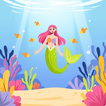 A fantastical underwater kingdom filled with vibrant corals and shimmering blue water. In the center, a friendly mermaid with flowing long hair and a sparkling green tail is smiling. Surrounding her are schools of colorful fish swimming gracefully, showcasing shades of orange, yellow, and blue. Coral reefs in various shapes and sizes are dotted throughout the scene, creating a lively and enchanting atmosphere. Sunlight filters down from the surface, casting wavy patterns on the sandy ocean floor.