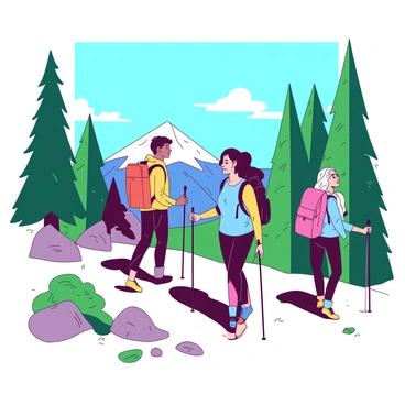 A group of three friends is hiking up a mountain trail. They are wearing colorful hiking gear and carrying large backpacks. Each friend is using a trekking pole for stability. The trail is surrounded by tall green trees and rocky outcrops. The sky above is clear and blue. One friend is leading the group, while the others follow closely behind, chatting and smiling. Sunlight filters through the leaves, casting shadows on the ground.