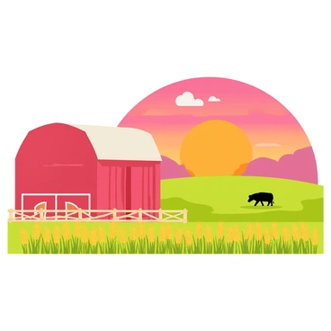 A picturesque farm landscape featuring a large red barn with a white roof. The barn is surrounded by green fields filled with golden wheat swaying gently in the breeze. In the background, the sky is filled with vibrant colors of orange, pink, and purple as the sun sets on the horizon. A wooden fence runs along the edges of the fields, and a few fluffy white clouds are scattered across the sky. A silhouette of a grazing cow can be seen in the distance.