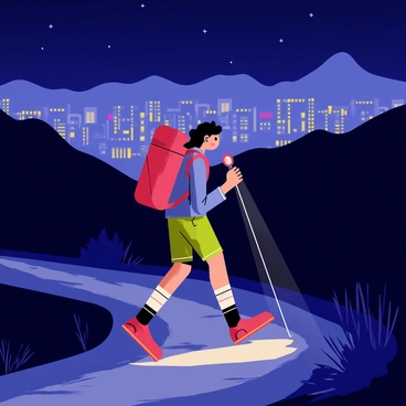 A hiker with a bright red backpack is walking along a narrow dirt trail at night. The hiker is wearing a headlamp that illuminates the path ahead. In the background, glowing city lights shine brightly, creating a vibrant contrast against the dark sky. The silhouette of distant mountains can be seen, and the trail is bordered by sparse vegetation. The scene captures the juxtaposition of nature and urban life, with the hiker focused on the trail illuminated by the headlamp.