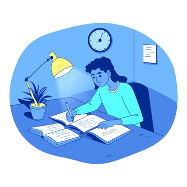 A blue student is sitting at a wooden desk, surrounded by open notebooks and textbooks. The student has a focused expression, with a pen in hand, jotting down notes. Above the desk, a warm yellow desk lamp is casting soft light, illuminating the pages in front of the student. The room has a cozy feel, with a clock on the wall showing it is late at night. A small potted plant is placed beside the student's books, adding a touch of green to the scene.