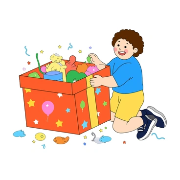 A young child with light skin and curly brown hair is kneeling on the floor, excitedly opening a large, colorful gift box. The box features vibrant patterns of stars and balloons. The child is wearing a bright blue shirt and yellow shorts. Their eyes are wide with surprise, and a big smile spreads across their face as they pull back the wrapping paper. Inside the box, brightly colored toys and stuffed animals peek out, hinting at the delightful surprises within. Streamers and confetti are scattered around the floor, adding to the festive atmosphere.