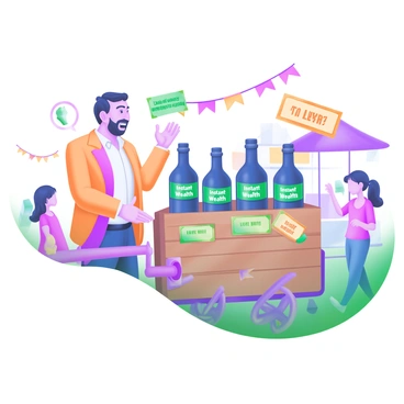 A charismatic salesman stands beside a wooden cart filled with neatly arranged bottles. Each bottle is labeled with the words "Instant Wealth" in bold, eye-catching letters. The salesman is wearing a bright blazer and has a confident smile as he gestures invitingly towards potential customers. The cart is adorned with decorative elements, including small signs with playful phrases related to finance and wealth. A few curious onlookers are gathered around, intrigued by the bottles and the salesman's enthusiastic pitch. The setting features a sunny outdoor market atmosphere with colorful banners and stalls in the background.