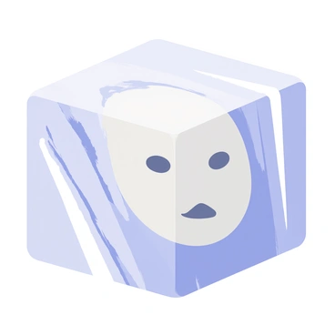 A block of translucent ice holding a "serene face" embedded inside. The ice has a smooth surface with visible light reflections that create a shimmering effect. Soft blue and white tones dominate the scene, highlighting the details of the face while contrasting with the icy surroundings. Light beams refract through the ice, creating intricate patterns on the surface.