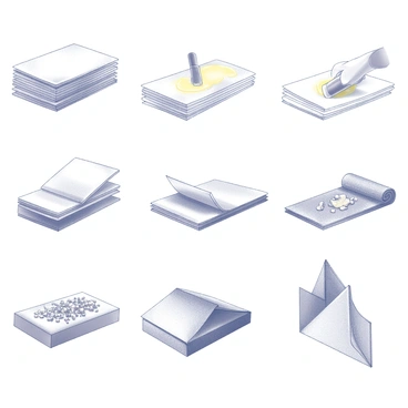 A series of illustrations depicting the process of folding phyllo dough to create baklava. The first image shows a neatly arranged stack of thin phyllo dough sheets laid out on a clean surface. The second image features a person gently brushing melted butter over the first layer of dough with a pastry brush. The third image captures the action of placing a second layer of phyllo on top of the first, with the person carefully aligning the edges. The fourth image illustrates the process of sprinkling a mixture of chopped nuts and sugar over the layered phyllo. The fifth image shows the person folding the phyllo dough in half, creating a smaller rectangle, and the sixth image displays the final step of cutting the layered baklava into diamond-shaped pieces before baking.