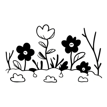 Several "black flowers" are emerging from a "blanket of snow," their delicate petals contrasting starkly against the white surface. The snow is fluffy and has a soft texture, gently covering the ground. The flowers are partially buried, with just the tops visible, and their shapes are distinctive, showcasing intricate details in their structure. Small clumps of snow are melting around the flowers, forming tiny drips. In the background, there are hints of bare branches and a subtle landscape, all rendered in black and white.