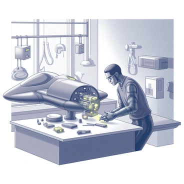 A cyborg mechanic is working on a flying vehicle in a cluttered workshop. The mechanic has metallic limbs and glowing elements integrated into their body. Their attention is focused on the intricate engine of the vehicle, which is partially disassembled. Various tools and components are scattered across the workbench, creating an organized chaos. The workshop is filled with machinery, wires, and other mechanical parts hanging from the walls and ceiling. The flying vehicle has a futuristic design, with sleek lines and exposed mechanical elements.
