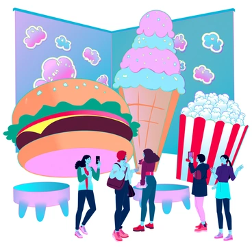 A kitsch art museum exhibit filled with oversized sculptures of popular snack foods. There is a gigantic burger with layers of lettuce, tomato, and cheese, towering above visitors. Adjacent to it, an enormous ice cream cone with multiple colorful scoops is displayed, with melted ice cream dripping down the sides. In the background, a large, whimsical popcorn bucket spills out oversized popcorn pieces. The walls are adorned with vibrant, playful murals depicting cartoonish versions of these snacks. Visitors, including children and adults, are taking photos and interacting with the sculptures, adding a sense of lively engagement to the scene.