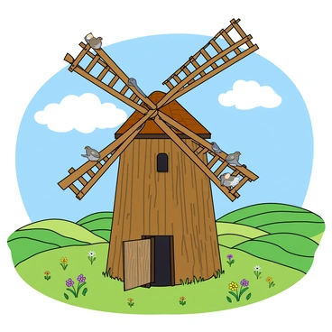 A rustic windmill with wooden blades stands tall in a vibrant countryside landscape. The windmill is painted in earthy tones, with its structure made of weathered wood and a thatched roof. A few small birds, such as sparrows and finches, are perched happily on the blades of the windmill, their feathers displaying various shades of brown and gray. The countryside around the windmill features rolling green hills dotted with wildflowers in bright hues like yellow and purple. A clear blue sky stretches overhead, with fluffy white clouds drifting gently.