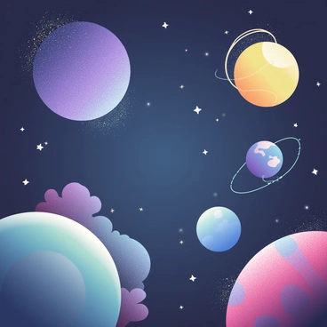 A surreal cosmic dream background features a variety of floating planets in different sizes and colors, including vibrant purple, deep blue, and luminous yellow. The planets are surrounded by sparkling stardust that seems to glow against the dark backdrop of space. Wispy clouds of nebulae in shades of pink and teal swirl around the planets, adding depth to the scene. Distant stars twinkle like tiny diamonds scattered throughout the vast expanse. The overall composition gives a sense of infinite space and dreamlike wonder, inviting the viewer into this celestial realm.