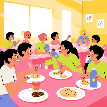 A colorful cafeteria filled with children sitting at tables and enjoying snacks after school. The children are smiling and laughing together, creating a lively atmosphere. Each child has a juice box, some in bright red and blue packaging, sitting on the tables. Plates filled with various cookies, including chocolate chip and sugar cookies, are visible as well. The walls of the cafeteria are decorated with fun, vibrant artwork and posters. Sunlight streams through the windows, illuminating the joyful scene.