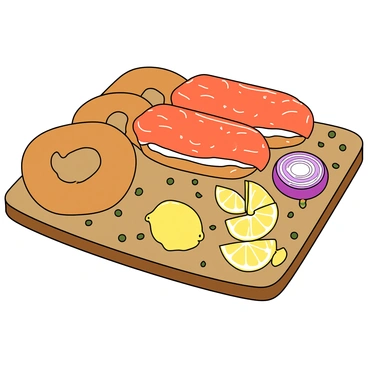 A wooden cutting board holds a variety of bagels, featuring different textures and flavors. Several bagels are sliced in half, showcasing their soft, chewy interiors. A generous portion of smoked lox is laid atop the bagels, glistening with a rich, salmon hue. Scattered across the board are small, round capers, adding a pop of color. Thinly sliced red onions are elegantly arranged beside the bagels, contributing a crisp, vibrant contrast. Bright yellow lemon slices, some whole and others cut in half, rest on the board, ready to be squeezed for added zest. The entire spread is inviting, arranged neatly to highlight the freshness of each ingredient.