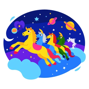 A group of colorful carousel horses gliding gracefully through a vibrant dreamscape. Each horse is uniquely decorated, featuring vivid colors such as bright blues, reds, and yellows, with flowing manes. The background is filled with various celestial bodies, including glowing stars, shimmering planets, and swirling galaxies. The scene is illuminated with a magical light, casting a soft glow on the horses and creating an enchanting atmosphere.