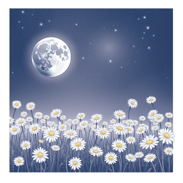 A field filled with blooming daisies, each flower exhibiting its characteristic white petals and yellow centers. The daisies are scattered across the ground, creating a natural pattern in the scenery. Above the flowers, a vast night sky is visible, densely filled with stars that twinkle brightly. A full moon hangs prominently, illuminating the scene with its soft, silvery glow, casting faint shadows on the daisies below. The overall composition captures the beauty of nature during a tranquil nighttime setting.