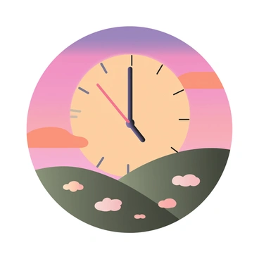 A digital flat illustration featuring a vibrant sunset with shades of orange, pink, and purple in the sky. The sun is depicted prominently in the center as a clock face, showing the time at 6:00, with clear clock hands pointing to the numbers. The clock face has traditional hour and minute markings around its circumference. Below the sunset, there are silhouettes of rolling hills in dark green, creating a contrast against the colorful sky. In the foreground, there are faint outlines of scattered clouds illuminated by the sunset colors. The overall scene conveys a sense of transition, indicating the end of a deadline.