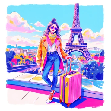 A stylish traveler is posing in front of the Eiffel Tower. They are wearing trendy attire, which includes a sleek leather jacket, a fashionable scarf, and fitted jeans. The traveler is holding a colorful suitcase with a modern design. The Eiffel Tower looms majestically in the background, showcasing its intricate iron lattice structure. The scene is vibrant, capturing the essence of Parisian charm.