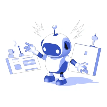 A small robot is standing on a flat surface, its metallic body reflecting light. The robot has an oversized round head with large expressive eyes that convey surprise. Sparks are flying around its head, indicating the moment of an electric shock. The robot's arms and legs are extended as it bounces back slightly, displaying an exaggerated posture that enhances its surprised expression. Its antennas are standing upright, adding to the comedic effect of the scene. In the background, there is a simple outline of a laboratory with basic equipment, enhancing the context of the robot's environment.