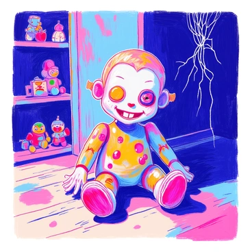 A sinister toy with a twisted smile is sitting on a wooden floor. The toy has cracked porcelain skin and one button eye, while the other eye is missing. Shadows loom around it, emphasizing the dimly lit room. In the background, there is a faint outline of a dusty shelf filled with forgotten toys. A cobweb hangs in the corner, adding to the eerie atmosphere. A single beam of light highlights the toy, enhancing its unsettling expression.