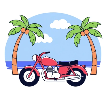 A moto-bike in a vibrant red color is parked under several green palm trees. The bike features sleek lines and shiny chrome details. In the background, a pristine beach stretches out with soft white sand and gentle waves lapping at the shore. The sky is a bright blue with a few fluffy white clouds. Sunlight casts playful shadows from the palm trees onto the sand.