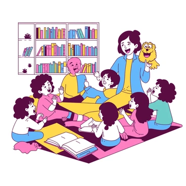 A yellow teacher holds a vibrant puppet in her right hand, engaging the children seated on a colorful rug during a lively storytime session. The teacher has short brown hair and is wearing a bright blue shirt with a cheerful smile. Surrounding her are several excited children, each with varied expressions of joy, anticipation, and curiosity. Some children are clapping their hands, while others are leaning forward, captivated by the unfolding story. The backdrop includes bookshelves filled with colorful storybooks, enhancing the lively atmosphere.