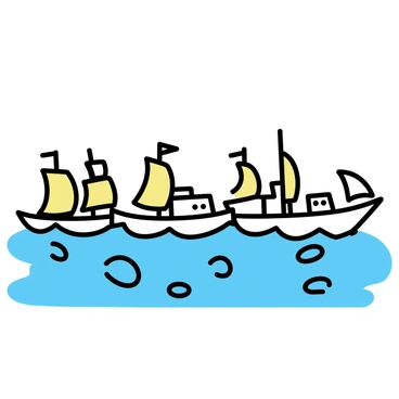 A fleet of toy soldier ships, painted in bright colors with miniature sails, is sailing across a surface of blue marbles. The ships are lined up in formation, each with distinct features like tiny flags and detailed hulls. The blue marbles vary in shades, creating a textured ocean that reflects light. The background is clear, emphasizing the playful scene of the ships navigating the shiny, smooth marbles.