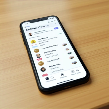 A smartphone with a sleek black design, featuring a large touchscreen display. The screen shows a digital wallet app interface, prominently displaying recent transactions listed in a clear format. Each transaction shows the merchant name, date, and amount, with some entries highlighted in different colors for easy identification. The background of the app is a subtle gradient, enhancing the visibility of the transaction details. The smartphone is placed on a wooden surface, with soft natural lighting illuminating the scene.