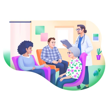 A modern pastel illustration depicting a diverse group of patients sitting in a warm, welcoming clinic. In the foreground, there are three patients: a young woman with curly hair wearing a light blue sweater, a middle-aged man with glasses in a plaid shirt, and an elderly woman with grey hair wearing a floral blouse. Each patient is engaged in conversation with a medical professional nearby. The medical professionals include a nurse in scrubs holding a clipboard and a doctor in a white coat, both showing friendly expressions. The background features colorful artwork on the walls and comfortable seating arrangements, creating an inviting atmosphere.