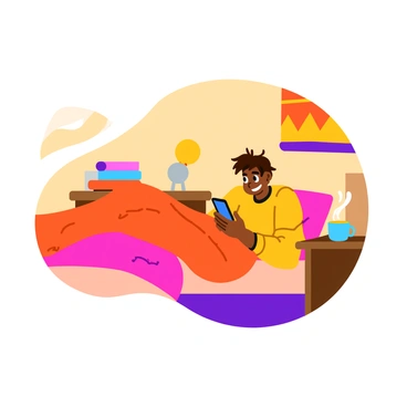 A warm bedroom with soft, ambient lighting. In the center, a person is lying comfortably on a fluffy bed covered with a thick, knit blanket. The person is holding a smartphone, looking at the screen with a slight smile. They have tousled hair and are dressed in comfortable pajamas. The bedside table features a small lamp and a steaming mug of tea. A colorful wall hanging and some books are visible in the background, creating a cozy atmosphere.