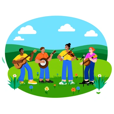 A folk band consisting of four musicians is playing in a sunny countryside field. The first musician is playing an acoustic guitar, while the second is strumming a banjo. The third musician is playing a fiddle, and the fourth person is holding a microphone. They are surrounded by vibrant green grass and wildflowers with splashes of color. In the background, there are rolling hills under a bright blue sky with fluffy white clouds. The sunlight creates a warm and inviting atmosphere, casting soft shadows on the ground.
