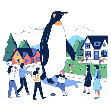 A large penguin, the size of a building, is waddling through a small town. The penguin has a glossy black and white plumage, with a bright orange patch on its beak. Surrounding the penguin, quaint houses with colorful rooftops and well-manicured lawns stand in contrast to its enormous stature. People are gazing up in astonishment, some taking pictures with their phones while others point excitedly. The street is lined with trees, and a small park is visible in the background with children playing.