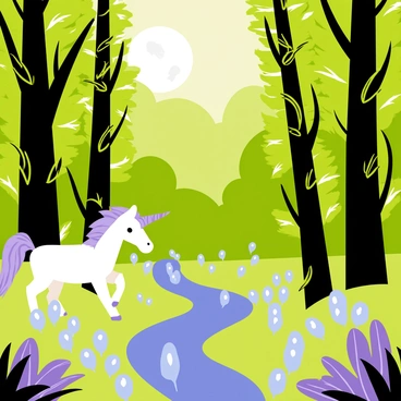A flat vector illustration of an enchanted forest filled with dense trees featuring various shades of green foliage. The forest is populated with mythical creatures, including a unicorn with a shimmering white coat and a dragon with vibrant green scales. Glowing plants are scattered throughout, emanating a soft blue and purple light. A small stream winds through the forest, reflecting the glow of the plants. In the background, a large moon can be seen peeking through the treetops, adding a magical ambiance to the scene.