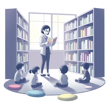 A cozy library interior filled with tall bookshelves lined with books. A group of children, ranging in ages, are seated on the carpet, their eyes focused on a librarian who stands nearby. The librarian has an engaging expression, animatedly reading from a large, illustrated storybook. Some children are sitting cross-legged, while others lean forward, showing anticipation and interest. Warm light filters through the windows, casting soft shadows around the room. A few colorful cushions are scattered on the floor, providing comfort for the children.