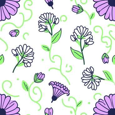 A seamless pattern features clusters of "mayflowers" blooming in various stages of growth, their delicate petals arranged in a naturalistic manner. Intertwined with these flowers are "green vines" that twist and curl, creating a dynamic flow throughout the design. Each flower is depicted with intricate details, showcasing its leaves and stalks, while the vines are shown with texture and depth. The overall composition is balanced, with flowers and vines evenly distributed to create a continuous, harmonious pattern.