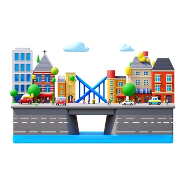 A bridge constructed from intertwined DNA strands in vibrant colors. The bridge spans between two bustling towns, each adorned with colorful houses and greenery. One town features modern architecture with glass facades, while the other showcases quaint, traditional buildings with brick exteriors. Lively streets are filled with people engaging in various activities, with vehicles moving along the roads. Clear skies above highlight the unique structure of the DNA bridge, which appears dynamic and intricate.