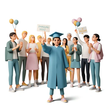 A young girl, wearing a blue graduation gown and a cap, stands at the center of the image with a bright smile on her face. Around her, a diverse group of people, including parents, friends, and teachers, are cheering and clapping. Each person is dressed in smart casual clothing, with some holding colorful balloons and others waving handmade signs that say "Congratulations" and "Proud of You." The girl is holding her diploma tightly in one hand while raising the other hand in a celebratory gesture. The atmosphere is filled with joy and excitement as the sunlight casts a warm glow over the scene.