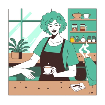 A teal barista with curly hair is standing behind a wooden counter, wearing a black apron. The barista is holding a steaming white coffee cup in one hand, extending it toward a customer with a friendly, warm smile. The counter is decorated with coffee beans and a small potted plant. Behind the barista, there are shelves lined with colorful coffee jars and mugs, creating a cozy café atmosphere. The sunlight streams through a large window, illuminating the scene.