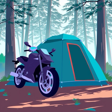 A sleek black motorbike parked beside a green tent in a dense forest. The tent is made of waterproof material, featuring a bright orange entrance. The motorbike has chrome accents that reflect the sunlight filtering through the trees. Hanging from the handlebars are a pair of stylish sunglasses with a mirrored finish. Surrounding the scene are tall trees with lush leaves, and the ground is covered in brown pine needles and patches of green moss. Sunlight creates dappled patterns on the forest floor, enhancing the tranquil atmosphere.