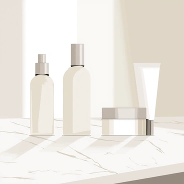 A marble countertop serves as the setting for a collection of minimalist skincare products. The lineup includes a clear glass bottle with a sleek, silver pump filled with a light serum, a frosted white jar with a smooth lid containing a cream, and a simple white tube with a matte finish for a cleanser. Each product has minimal text on the labels, showcasing a modern and clean aesthetic. Natural light casts soft shadows across the countertop, enhancing the elegance of the arrangement.