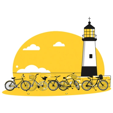 A row of bicycles in various styles and sizes parked along a gravel path beside a lighthouse. The lighthouse stands tall, featuring a white structure with a prominent black top, surrounded by a low stone wall. The sea is visible in the background, with gentle waves lapping against the shore. A clear sky stretches overhead, and a few clouds can be seen drifting by. The bikes are leaning against the wall, some with baskets attached, while others have colorful fenders.