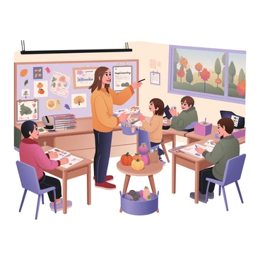 A digital flat illustration depicting an illustration tutor standing in front of a colorful classroom filled with autumn-themed art supplies. The tutor has light skin and shoulder-length brown hair, wearing a cozy orange sweater and dark jeans. They are holding a palette with vibrant colors and pointing towards a bulletin board covered in student artwork featuring "autumn leaves," "pumpkins," and "harvest scenes." Around the room, there are art supplies like brushes, paper, and colored pencils, and a window shows a beautiful view of trees with red, orange, and yellow leaves outside. Students sitting at desks are engaged in creating their own autumn-themed projects, with some focused on painting and others on drawing. A small table in the center has a basket filled with real gourds and leaves for inspiration.