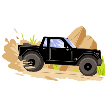 A sleek black G-Wagon is racing on a rugged off-road track. The vehicle has large, knobby tires that are kicking up clouds of brown dust behind it. In the background, there are uneven rocky terrain and patches of green grass peeking through. Sunlight glints off the shiny surface of the G-Wagon, highlighting its bold design. The scene captures the excitement of speed with the dust trailing dramatically, creating a sense of motion.