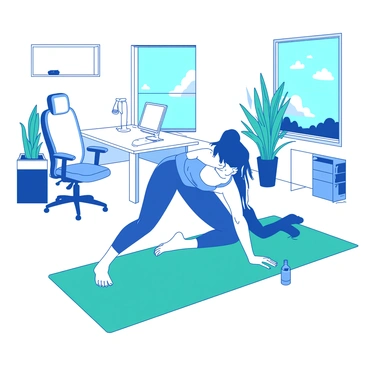An office worker is performing Russian twists on a teal yoga mat in a stylish office space. The worker is wearing a fitted blue workout outfit and appears focused while twisting their torso. Surrounding them are sleek white furniture pieces, including a modern desk and ergonomic chair. A large window allows natural light to flood the room, and in the background, there are potted green plants adding a touch of nature. A small water bottle rests beside the mat. The atmosphere reflects an active yet professional environment.