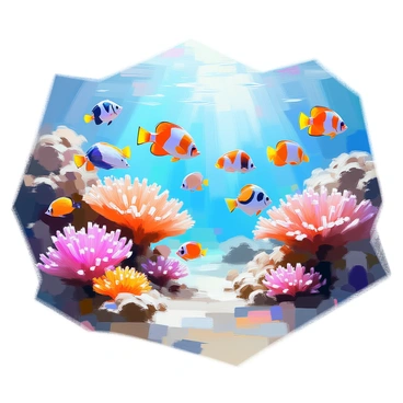 A vibrant underwater scene depicting several schools of colorful fish swimming gracefully around a thriving coral reef. The coral reef is teeming with life, showcasing various hues such as bright pinks, oranges, and purples. The fish exhibit diverse colors and patterns, including tropical species like clownfish, angelfish, and parrotfish, darting between the corals. Sunlight filters through the water, creating dancing reflections on the sandy ocean floor. Sea anemones and other marine plants enhance the richness of the environment, providing hiding spots for smaller fish.