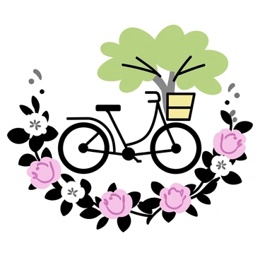 A vintage bicycle with a curved frame and a wicker basket is parked under a leafy green tree. The bicycle is positioned slightly to the left of the image, showcasing its classic design. Surrounding the bicycle is an elegant frame of lush peonies in various shades of pink and white. The peonies have large, full petals and are interspersed with dark green leaves, creating a vibrant contrast against the soft colors of the flowers. The composition highlights the harmony between the natural elements and the vintage bicycle.