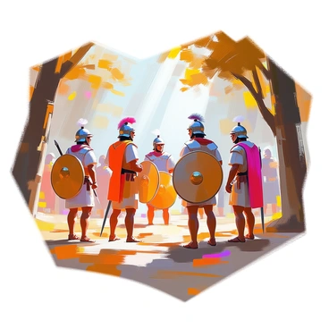 A group of Gallic warriors stands in a clearing, preparing for a tribal gathering. Each warrior is dressed in traditional tunics, displaying various patterns and colors. They are wearing distinctive helmets adorned with feathers and decorative elements. The warriors hold large, round shields emblazoned with symbols and designs that represent their tribe. Some warriors are engaged in conversation, while others check their weapons, including spears and swords. In the background, tall trees frame the scene, with shafts of sunlight filtering through the leaves, illuminating the warriors as they prepare for the gathering.
