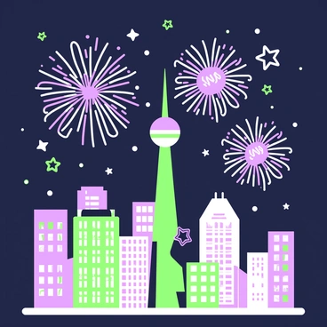 A city skyline is visible at night, with tall buildings and a prominent tower in the center. In the background, "fireworks" burst in a variety of shapes and sizes, creating an explosion of light. Some fireworks form bright spirals, while others bloom like flowers, illuminating the sky. The reflections of the fireworks shimmer on the glass windows of the buildings below. "Stars" twinkle in the dark sky, adding to the festive atmosphere of the scene.