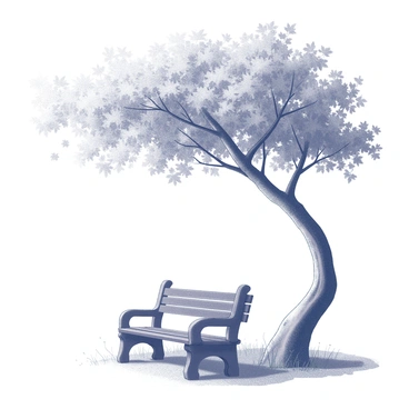 A park bench made of dark wood is positioned beneath a large shade tree. The tree's branches extend outward, creating a canopy that filters light. The bench is empty, inviting one to sit and relax. Leaves from the tree are gently swaying, creating a sense of movement as they catch the wind. The ground is covered with a mixture of grass and fallen leaves, adding texture to the setting.
