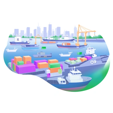 An aerial view of a harbor filled with various ships of different sizes, including cargo ships and yachts. The scene features numerous vehicles, such as trucks and cranes, moving along the docks. The water is a vibrant blue, reflecting the sunlight, and there are containers stacked neatly on the wharves. In the background, the city skyline can be seen, highlighting the urban landscape surrounding the vibrant trade activity. The overall atmosphere conveys a sense of dynamic global commerce and transportation.