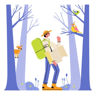 An adventurous explorer wearing a green backpack and a brown hat is standing in a blue-toned forest. The forest is filled with tall, slender trees with blue leaves and a soft, glowing light filtering through them. Colorful birds are perched on the branches, and a small deer with big eyes is peeking from behind a tree. The explorer holds a map in one hand, looking curiously at the surroundings. There are patches of blue flowers on the forest floor, adding to the enchanting atmosphere.